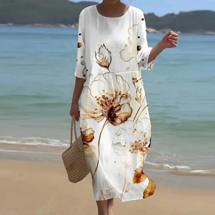 Coral | Women's Chiffon Print Round-Neck Relaxed Maxi Dress