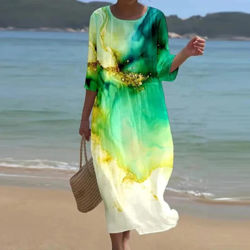 Coral | Women's Chiffon Print Round-Neck Relaxed Maxi Dress