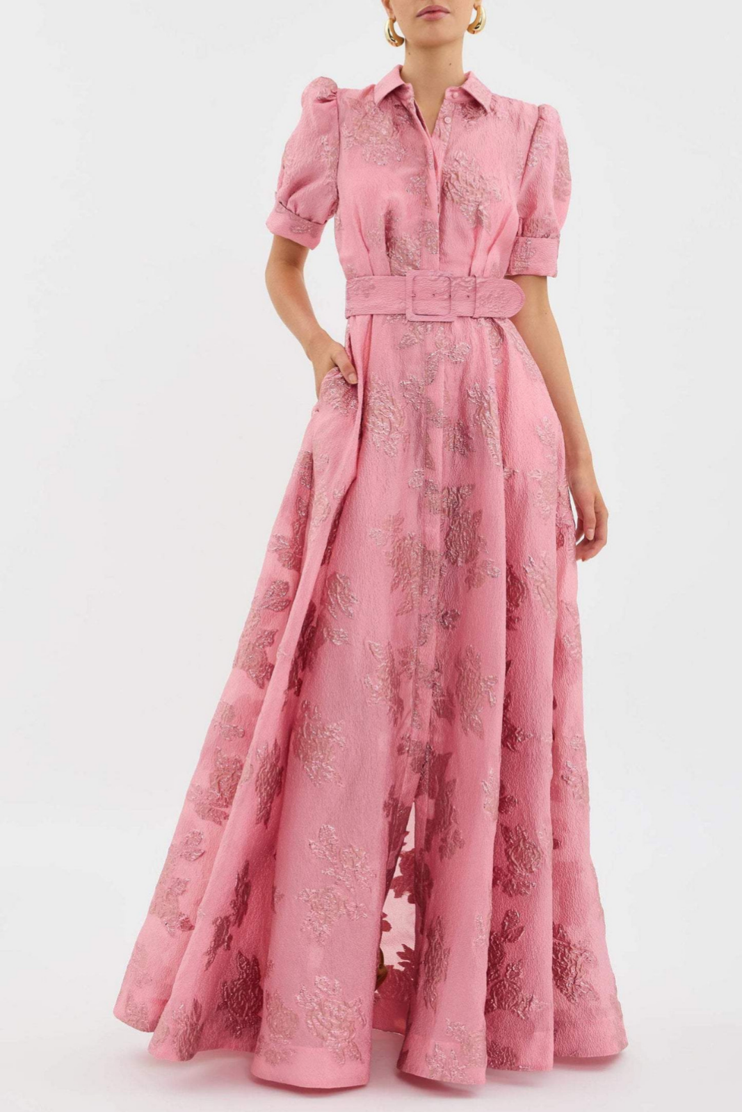 Cordelia | Women's Satin Jacquard Belted Maxi Dress