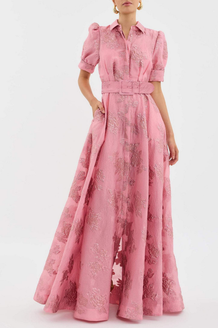 Cordelia | Women's Satin Jacquard Belted Maxi Dress