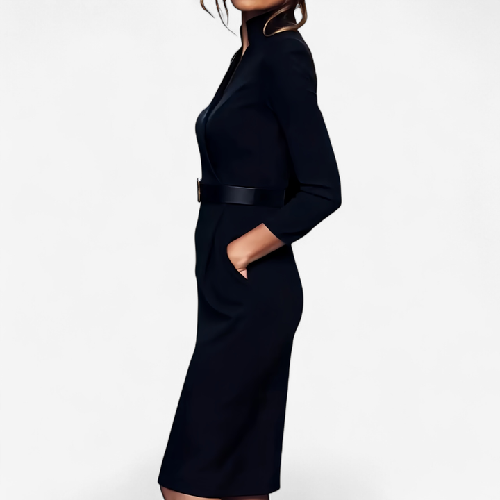 Cordelia | Women's Stretch Belted V-Neck Pencil Dress