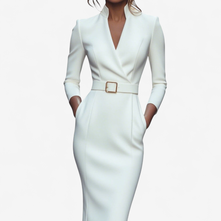 Cordelia | Women's Stretch Belted V-Neck Pencil Dress
