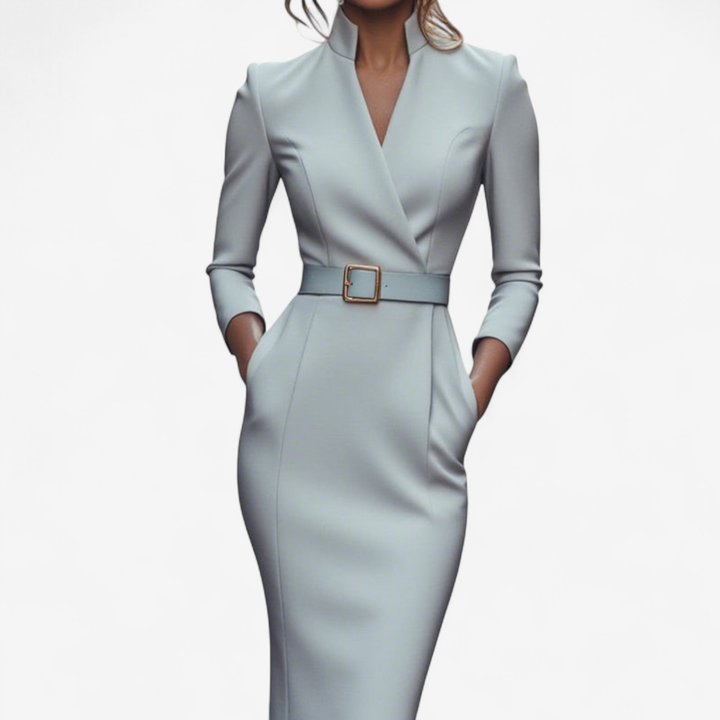 Cordelia | Women's Stretch Belted V-Neck Pencil Dress