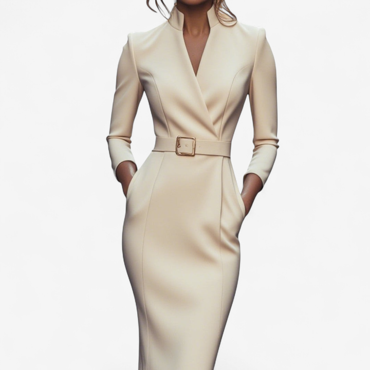 Cordelia | Women's Stretch Belted V-Neck Pencil Dress