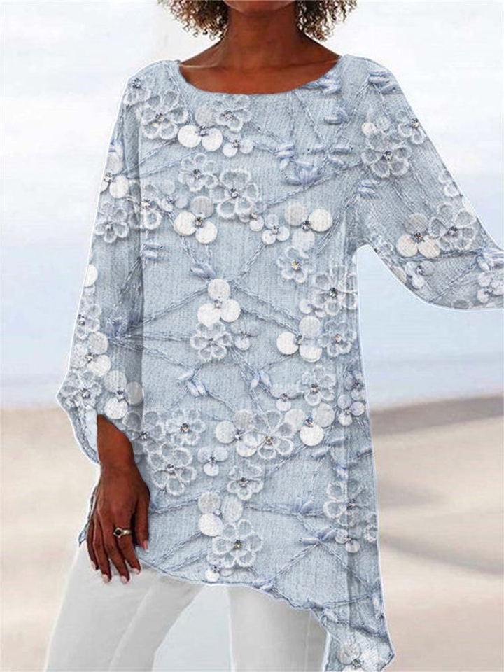 Cosima | Women's Linen Floral Long Sleeve Asymmetric Tunic Blouse