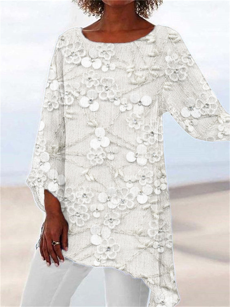 Cosima | Women's Linen Floral Long Sleeve Asymmetric Tunic Blouse