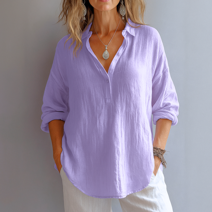 Daisy | Women's Linen Collared V-Neck Oversized Relaxed Blouse