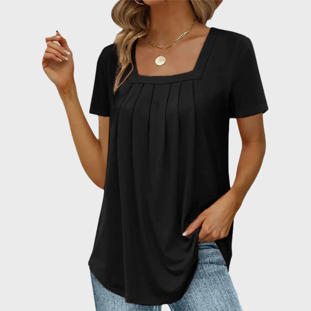 Daphne | Women's Cotton Square Neck Pleated Short Sleeve Top
