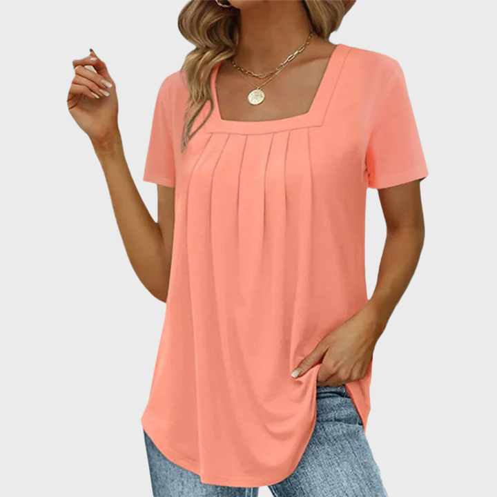 Daphne | Women's Cotton Square Neck Pleated Short Sleeve Top