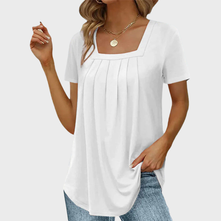 Daphne | Women's Cotton Square Neck Pleated Short Sleeve Top