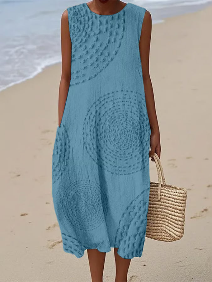 Daphne | Women's Linen Textured Print Sleeveless Midi Dress