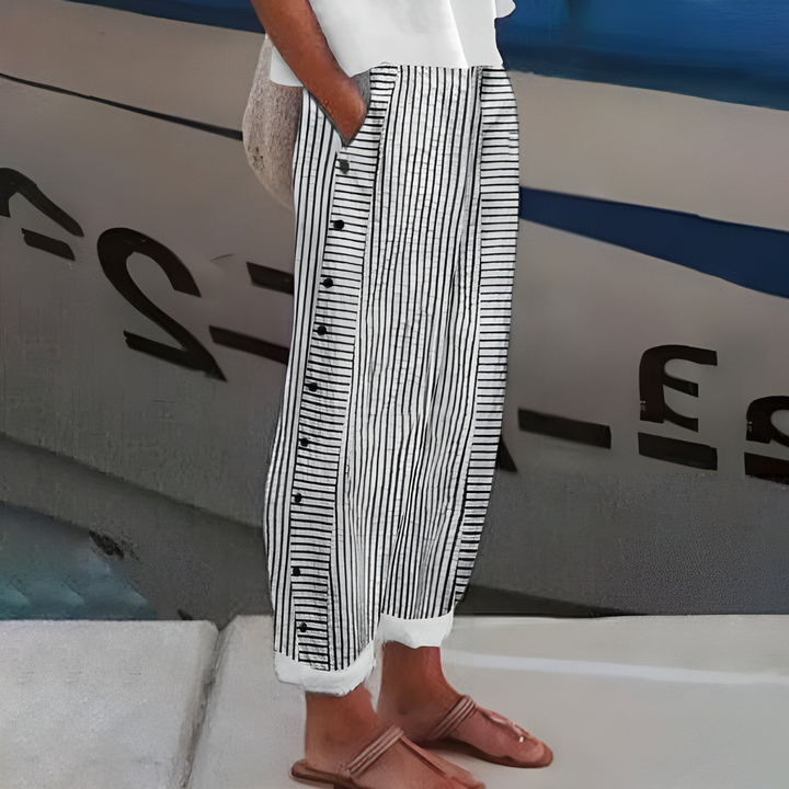 Darce | Women's Linen Stripe Button-Side Relaxed Trousers