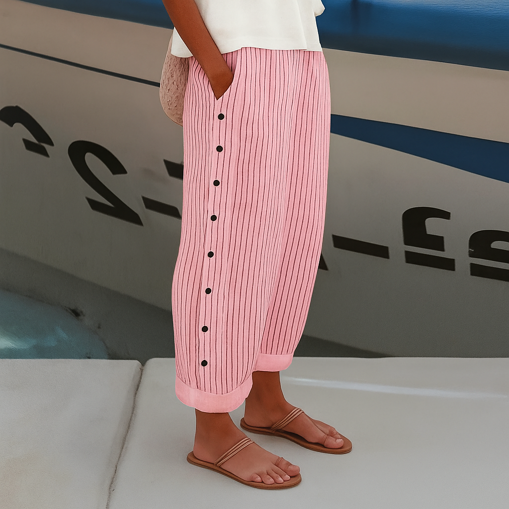 Darce | Women's Linen Stripe Button-Side Relaxed Trousers