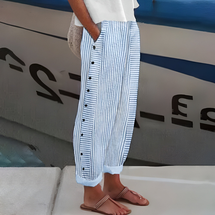 Darce | Women's Linen Stripe Button-Side Relaxed Trousers