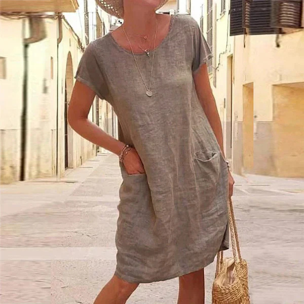 Darcie | Women's Linen Short-Sleeve Relaxed Shift Midi Dress
