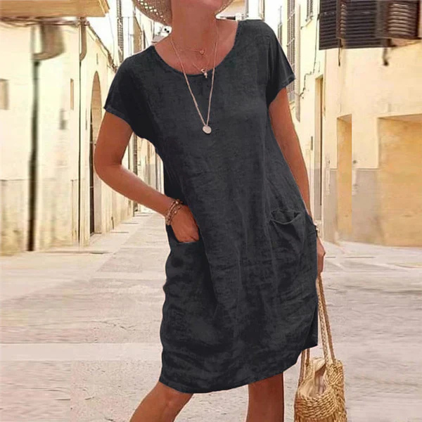 Darcie | Women's Linen Short-Sleeve Relaxed Shift Midi Dress