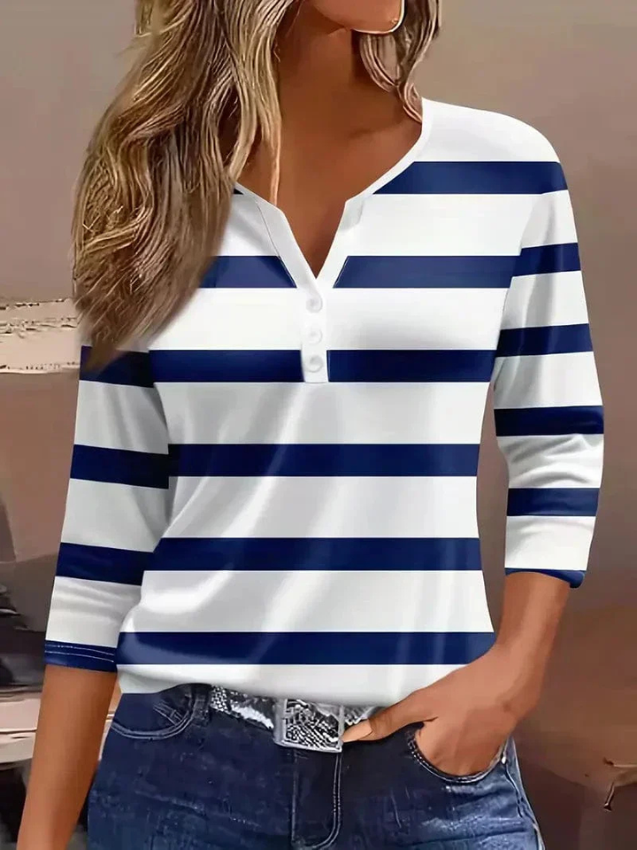 Darcy | Women's Cotton Striped Henley 3/4 Sleeve Top