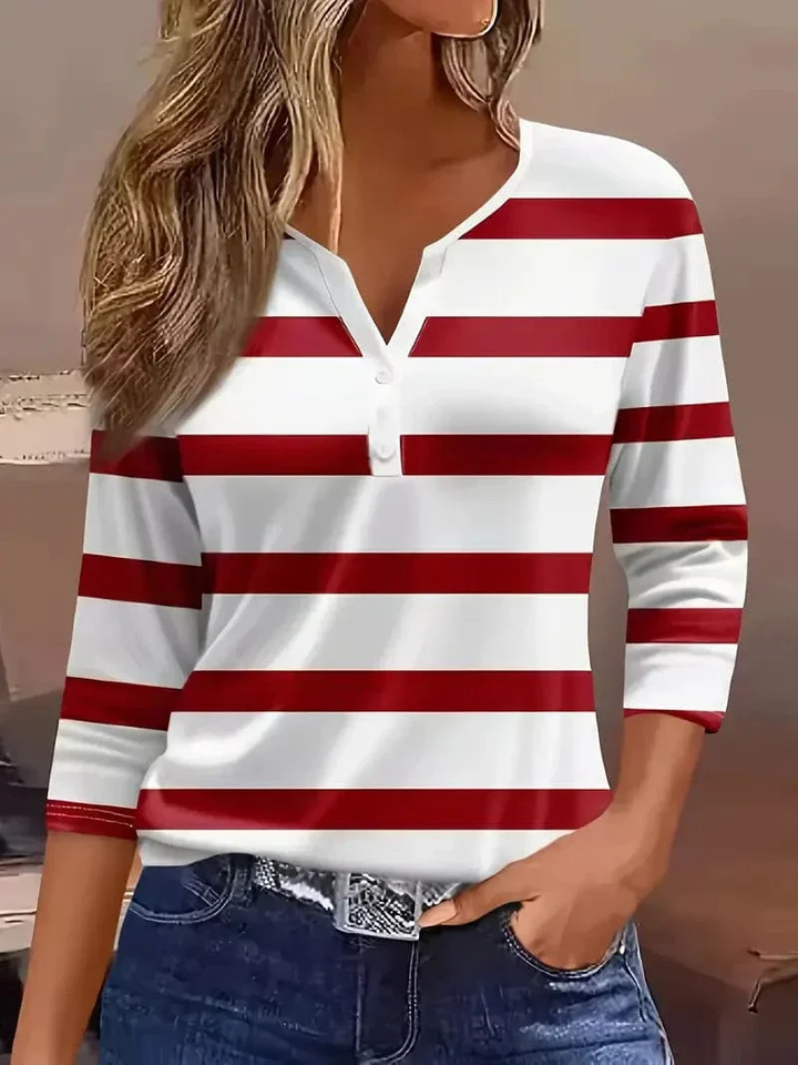 Darcy | Women's Cotton Striped Henley 3/4 Sleeve Top