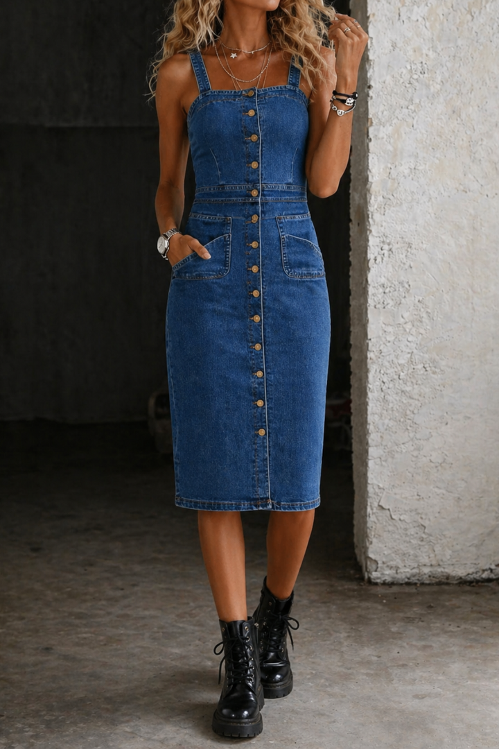 Darcy | Women's Denim Button-Front Fitted Midi Dress
