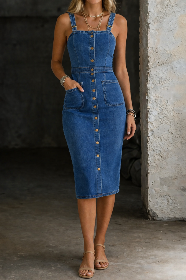 Darcy | Women's Denim Button-Front Fitted Midi Dress