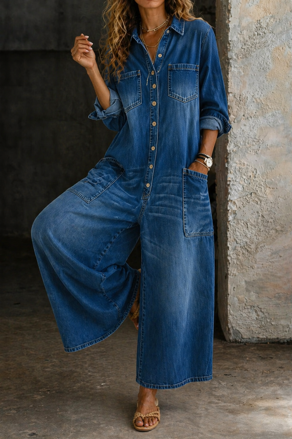 Darcy | Women's Denim Collared Wide-Leg Button-Down Jumpsuit