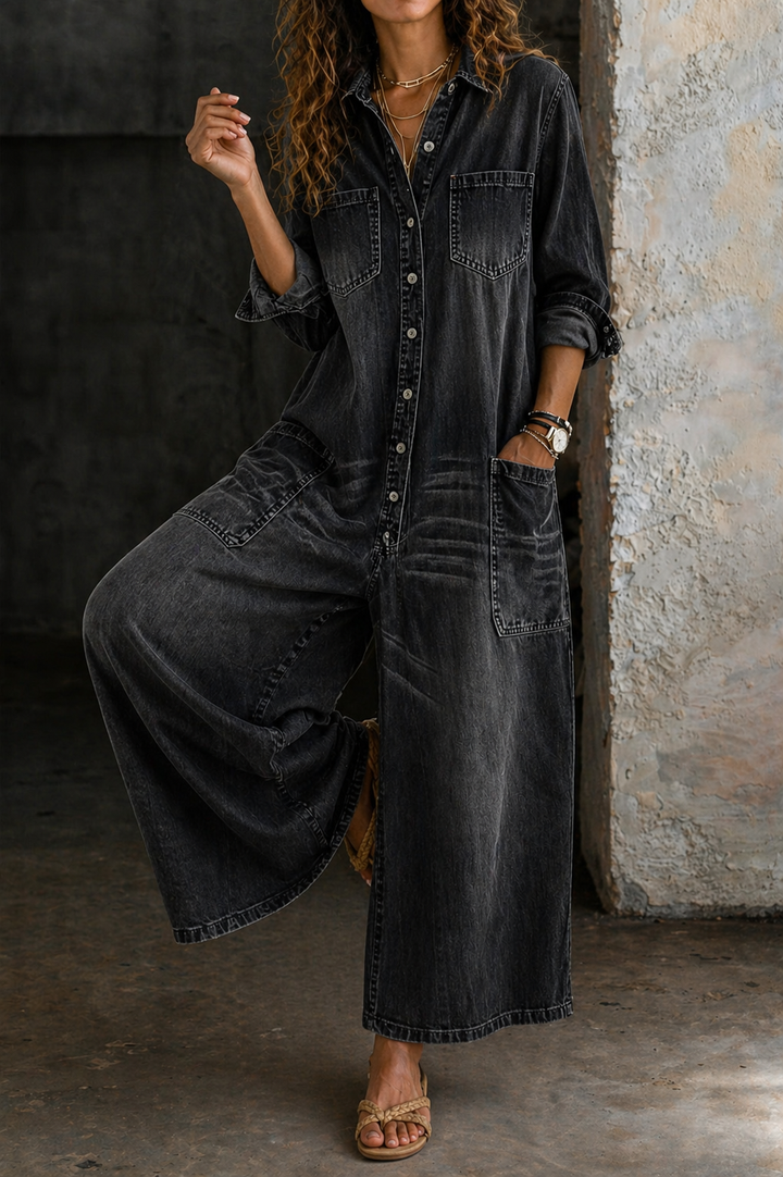 Darcy | Women's Denim Collared Wide-Leg Button-Down Jumpsuit