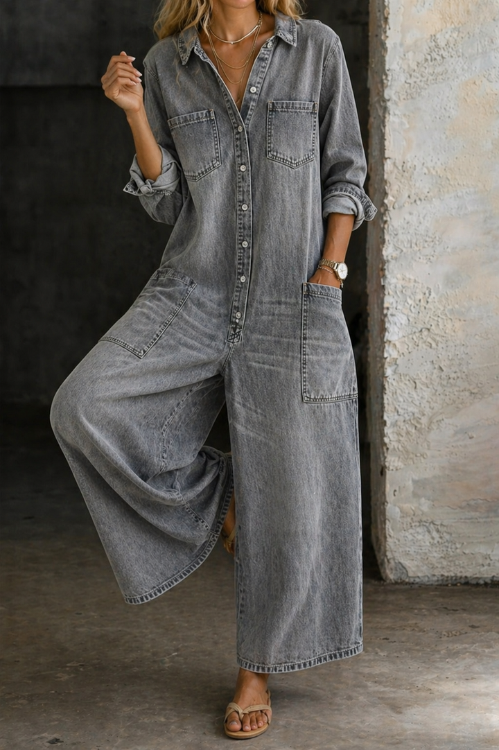 Darcy | Women's Denim Collared Wide-Leg Button-Down Jumpsuit