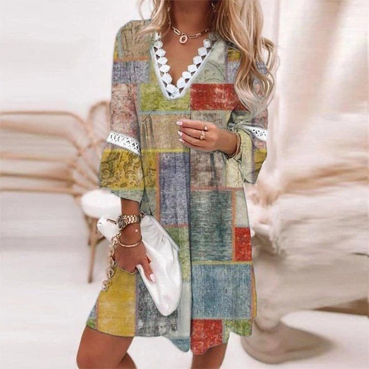 Delphine | Women's Chiffon Boho Print Lace Trim V-Neck Mini Dress
