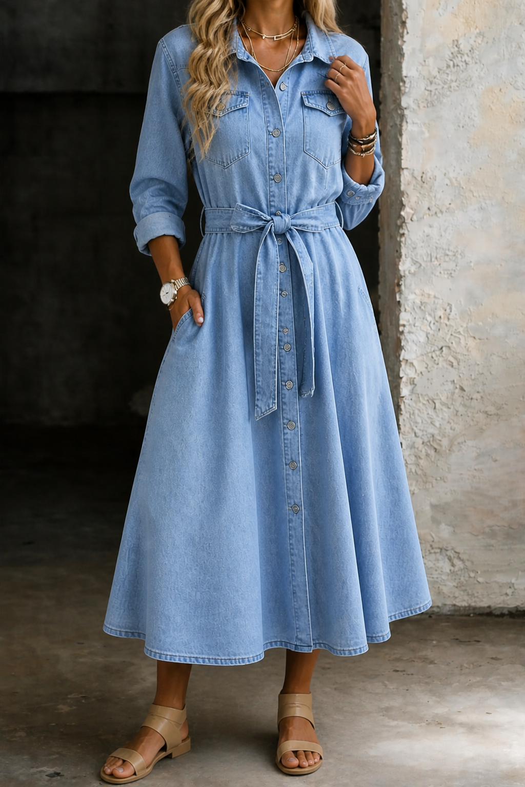 Edie | Women's Denim Belted Button-Front Collared Maxi Dress