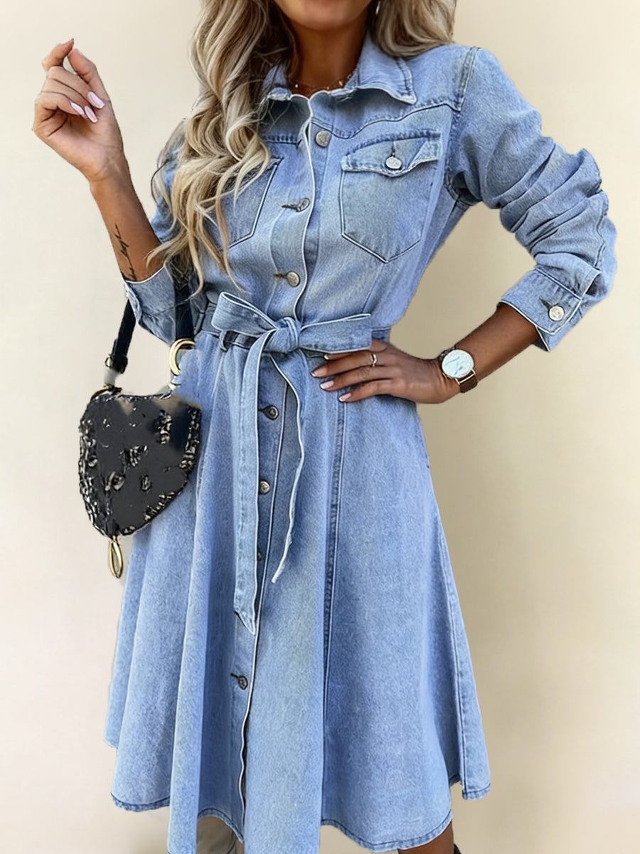 Edie | Women's Denim Belted Button-Front Collared Maxi Dress