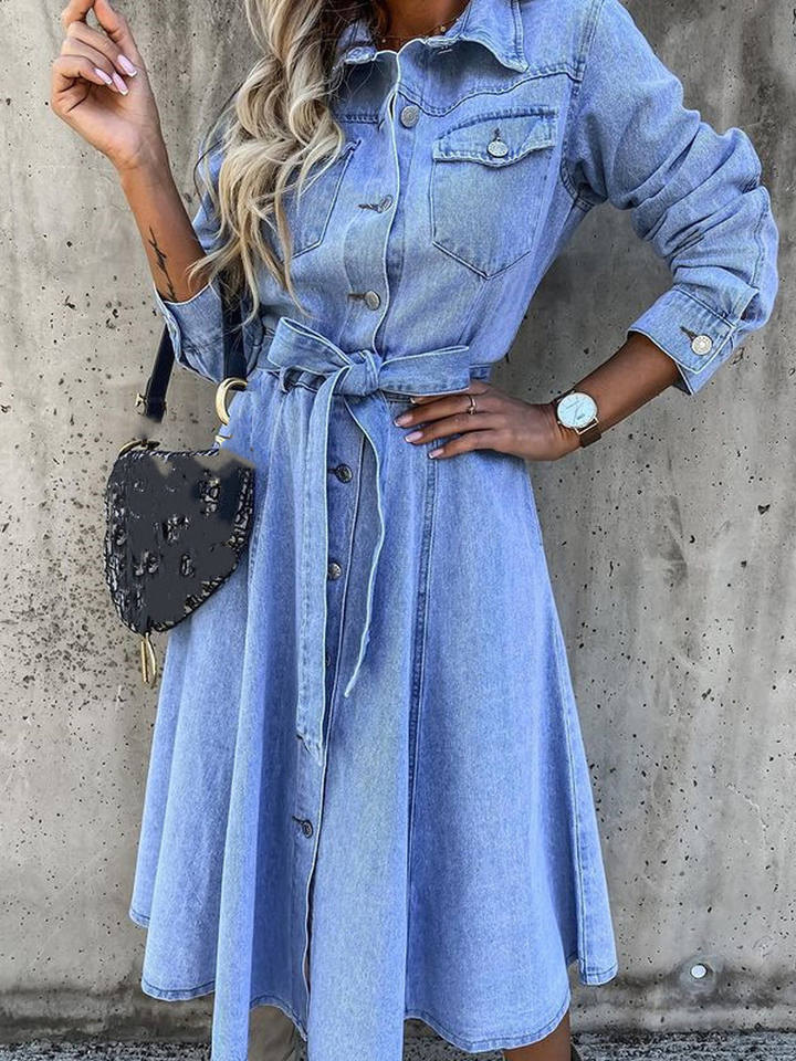 Edie | Women's Denim Belted Button-Front Collared Maxi Dress