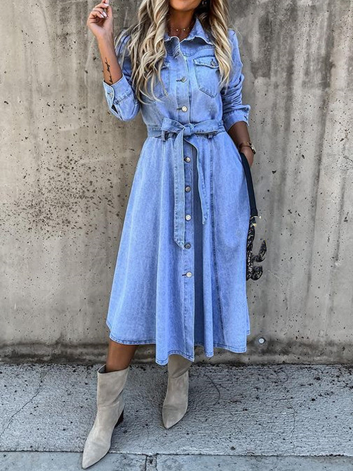 Edie | Women's Denim Belted Button-Front Collared Maxi Dress