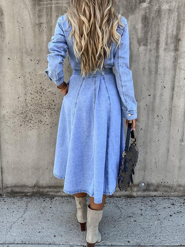 Edie | Women's Denim Belted Button-Front Collared Maxi Dress