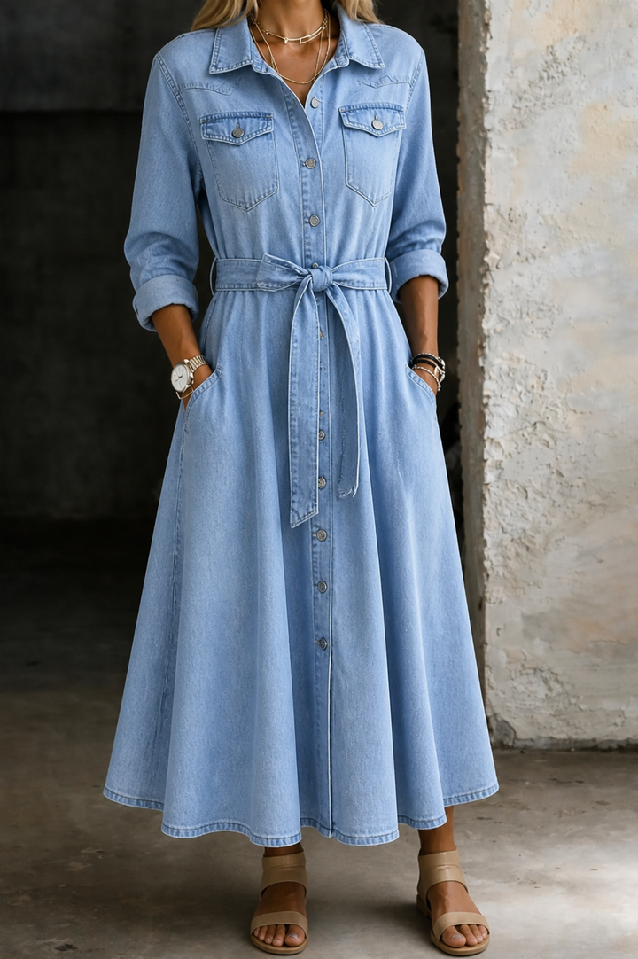 Edie | Women's Denim Belted Button-Front Collared Maxi Dress