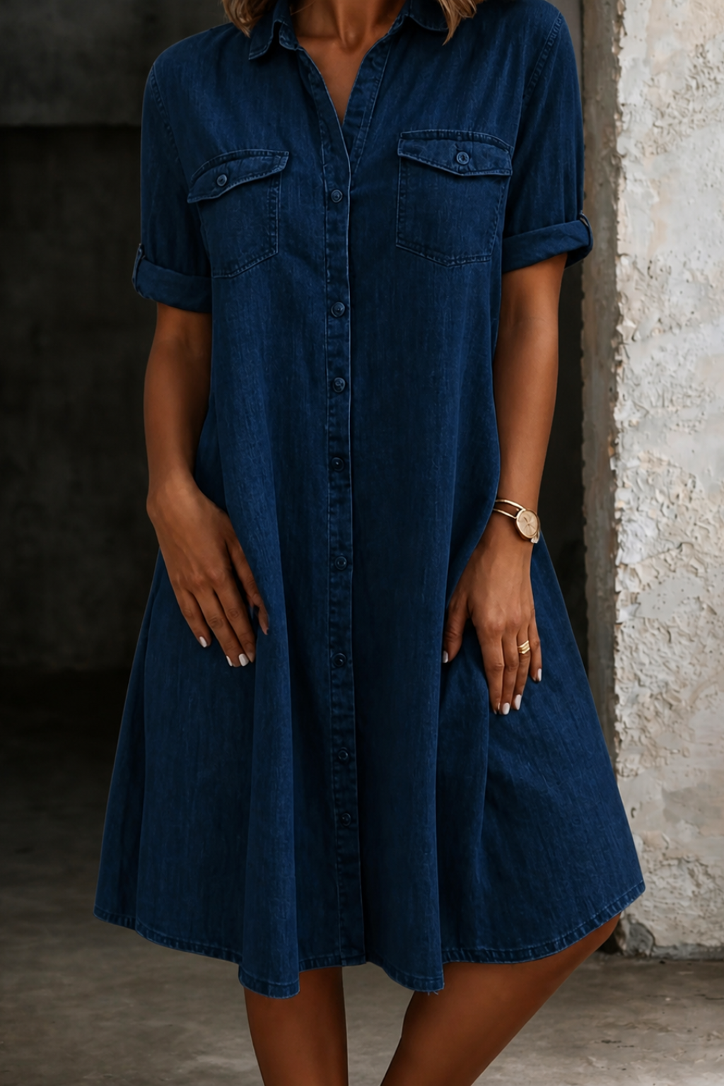 Edie | Women's Denim Button-Front Collared Midi Shirt Dress