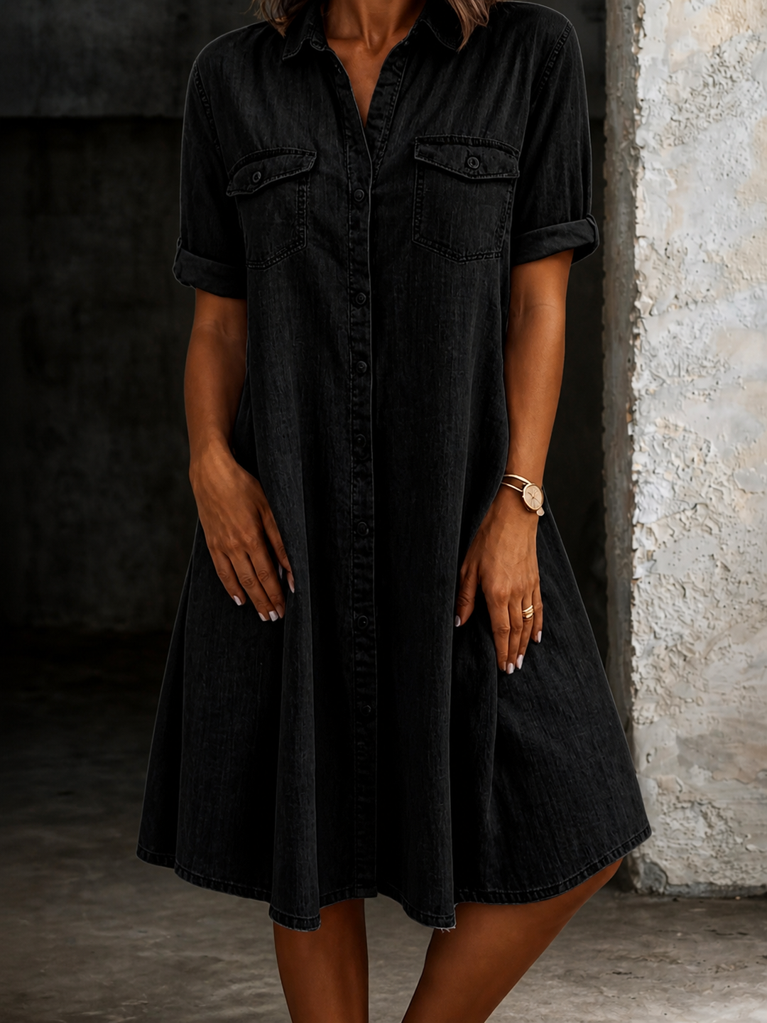 Edie | Women's Denim Button-Front Collared Midi Shirt Dress