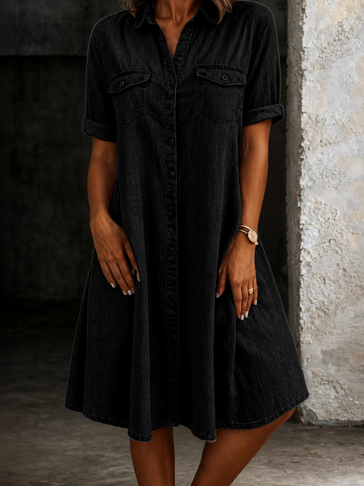Edie | Women's Denim Button-Front Collared Midi Shirt Dress