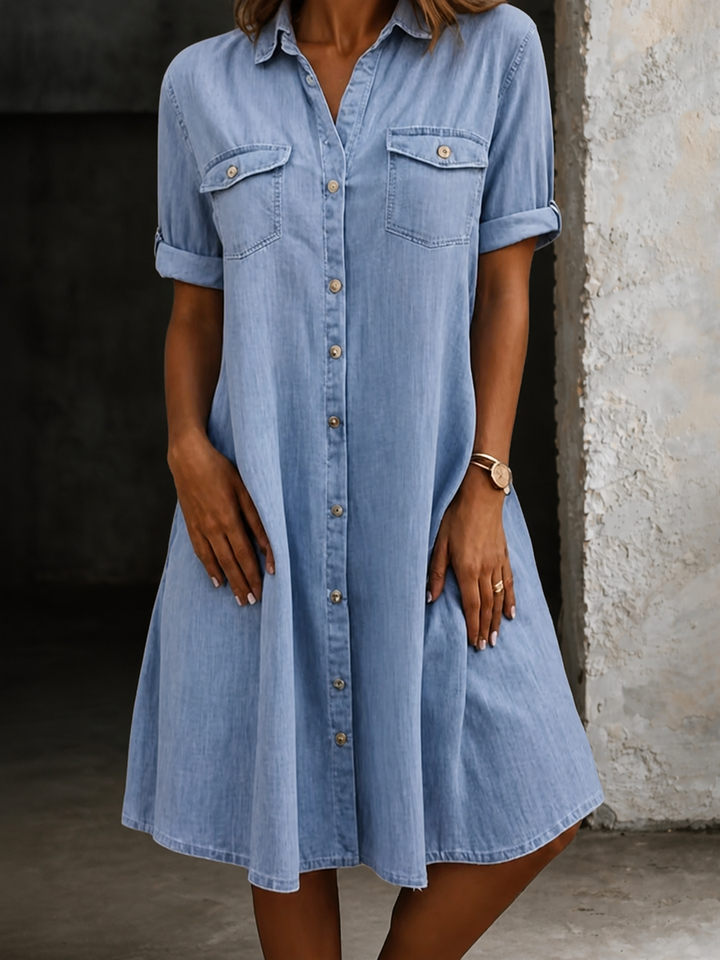 Edie | Women's Denim Button-Front Collared Midi Shirt Dress