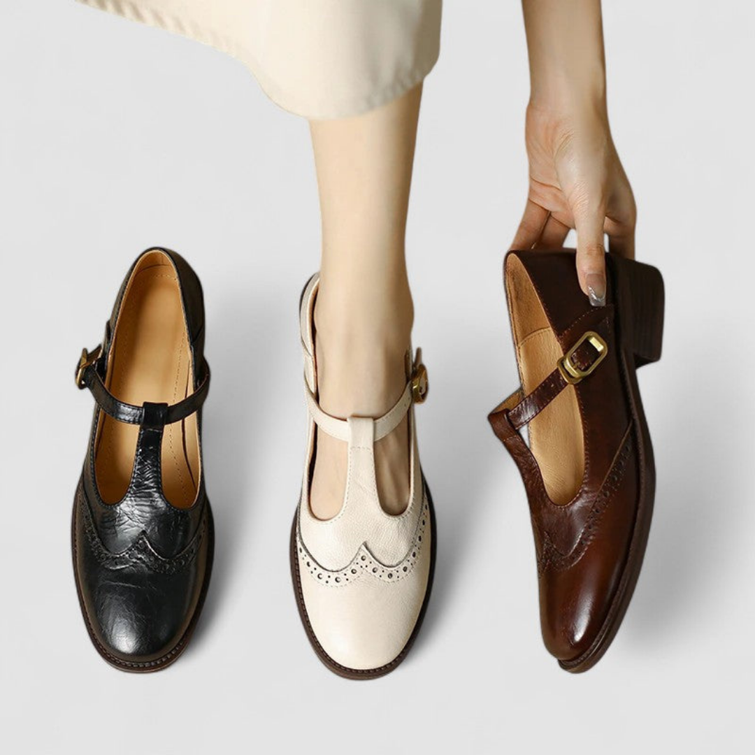 Edith | Women's Leather Brogue T-Bar Buckle Low Heel Shoes