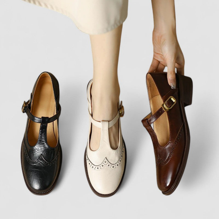 Edith | Women's Leather Brogue T-Bar Buckle Low Heel Shoes