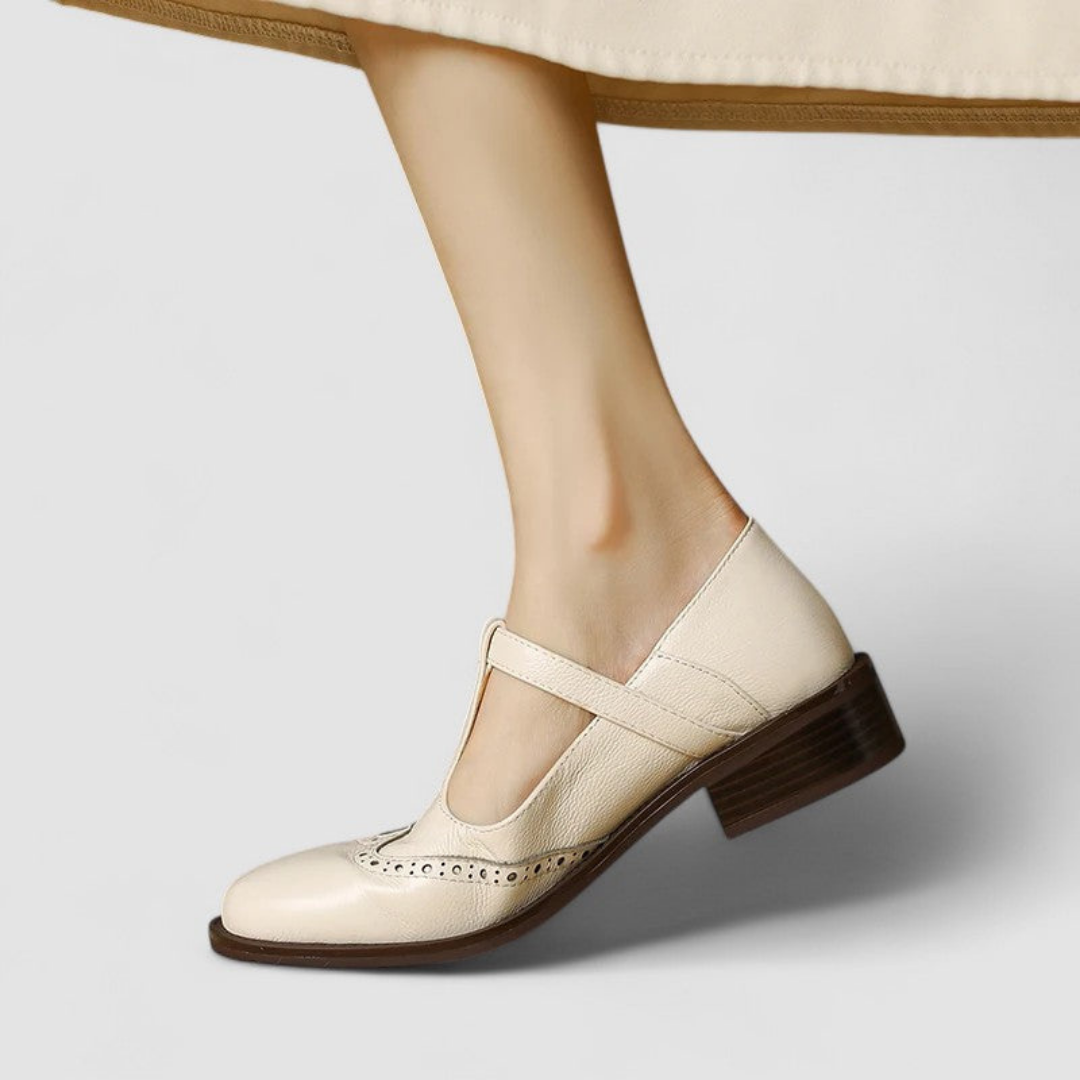 Edith | Women's Leather Brogue T-Bar Buckle Low Heel Shoes