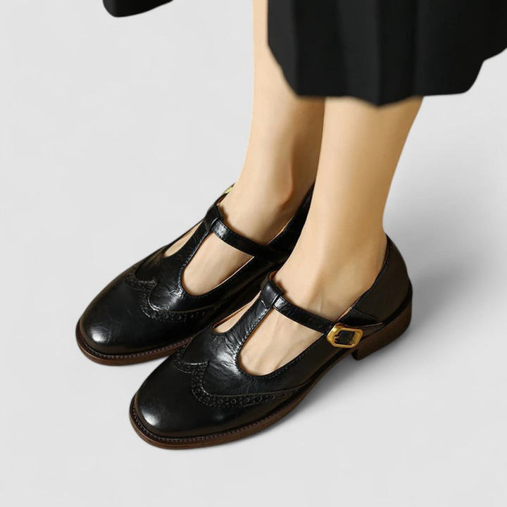 Edith | Women's Leather Brogue T-Bar Buckle Low Heel Shoes