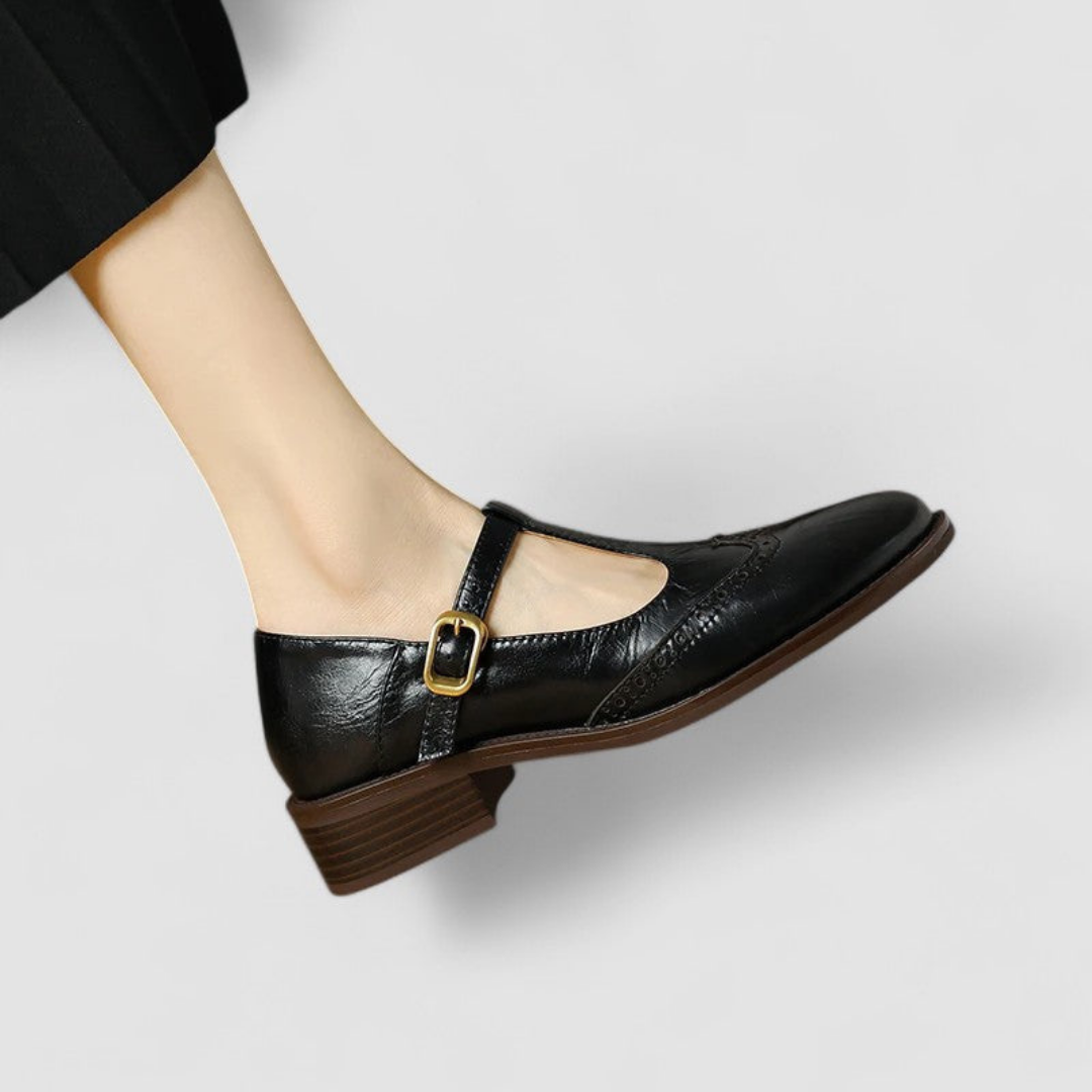 Edith | Women's Leather Brogue T-Bar Buckle Low Heel Shoes