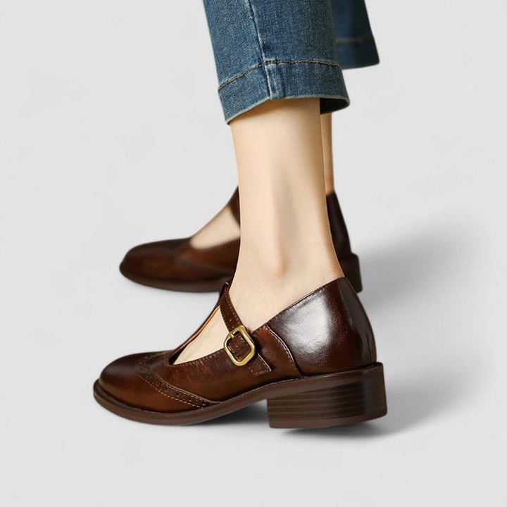 Edith | Women's Leather Brogue T-Bar Buckle Low Heel Shoes