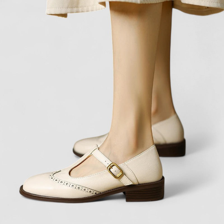 Edith | Women's Leather Brogue T-Bar Buckle Low Heel Shoes