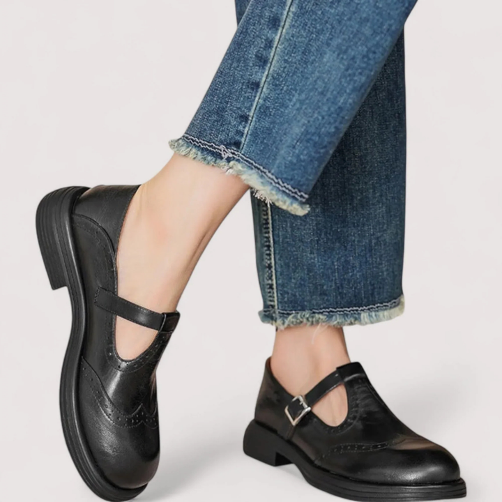 Edith | Women's Leather T-Strap Brogue Low Heel Mary Janes