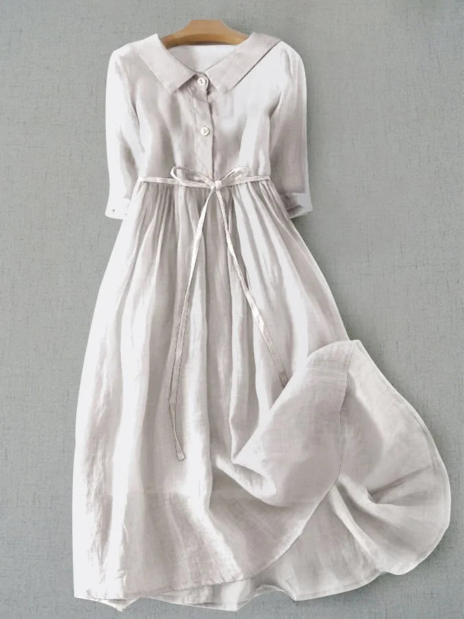 Elara | Women's Linen Collared Tie-Waist Maxi Shirt Dress