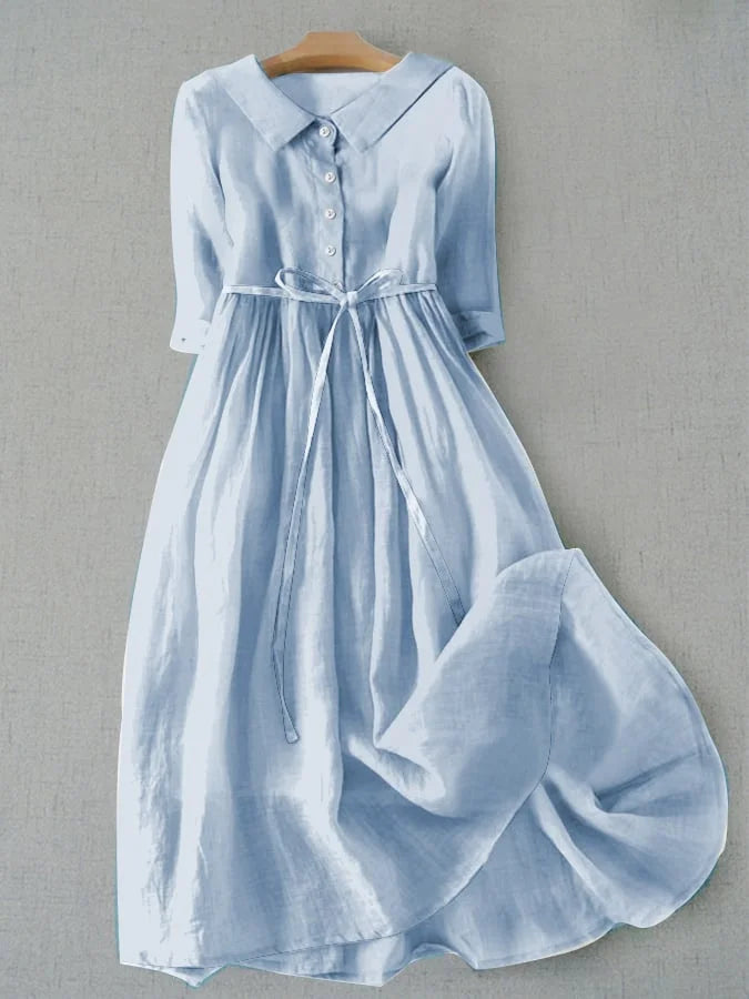 Elara | Women's Linen Collared Tie-Waist Maxi Shirt Dress
