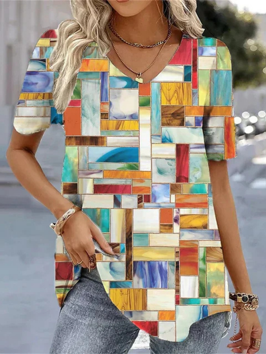 Elise | Women's Lightweight Printed V-Neck Short Sleeve Blouse