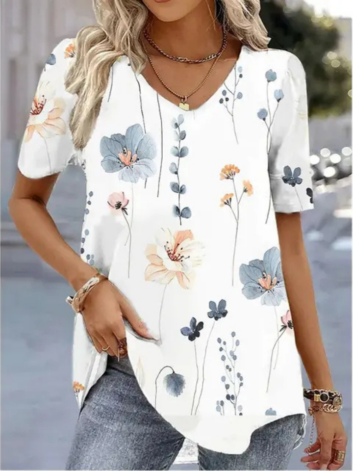 Elise | Women's Lightweight Printed V-Neck Short Sleeve Blouse